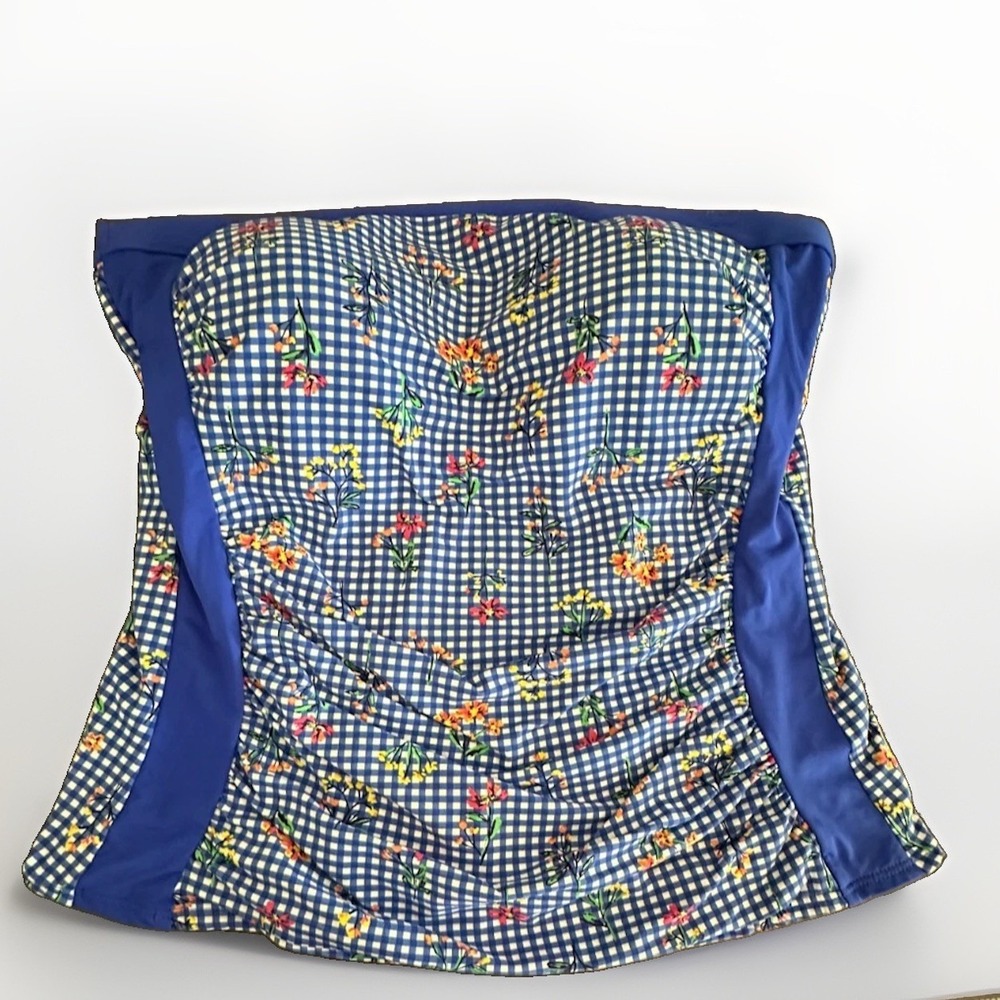 Lands' End Size 12 Strapless Tankini Top Blue Gingham Floral Cottagecore Swim
